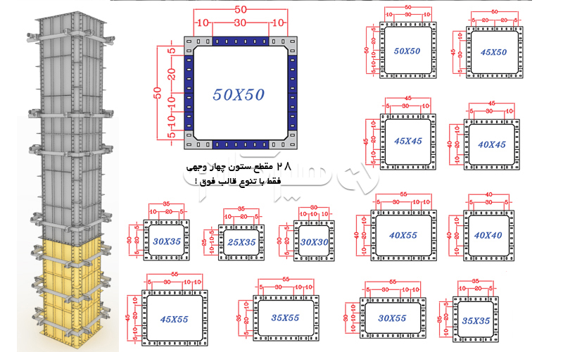  قالب‌بندی ستون با مقاطع مختلف با قالب‌های مدولار یکسان 